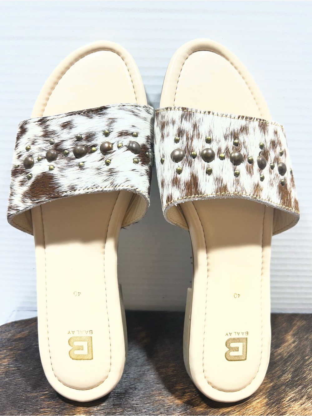 Genuine Leather Cowhide Brown~White Slide Sandals Womens Size 40/9.5~10; Western